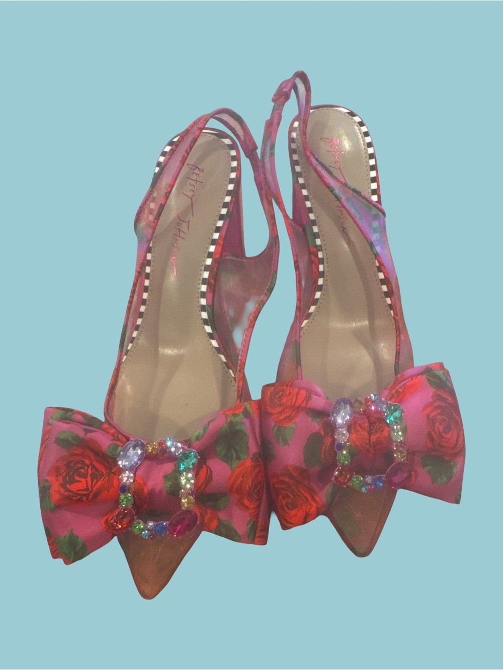 Betsey Johnson Pink Floral Pointed Toe Slingback Heels with Gem Bow